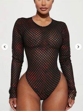 Fashion Nova Black Fishnet Bodysuit with Red Underlay